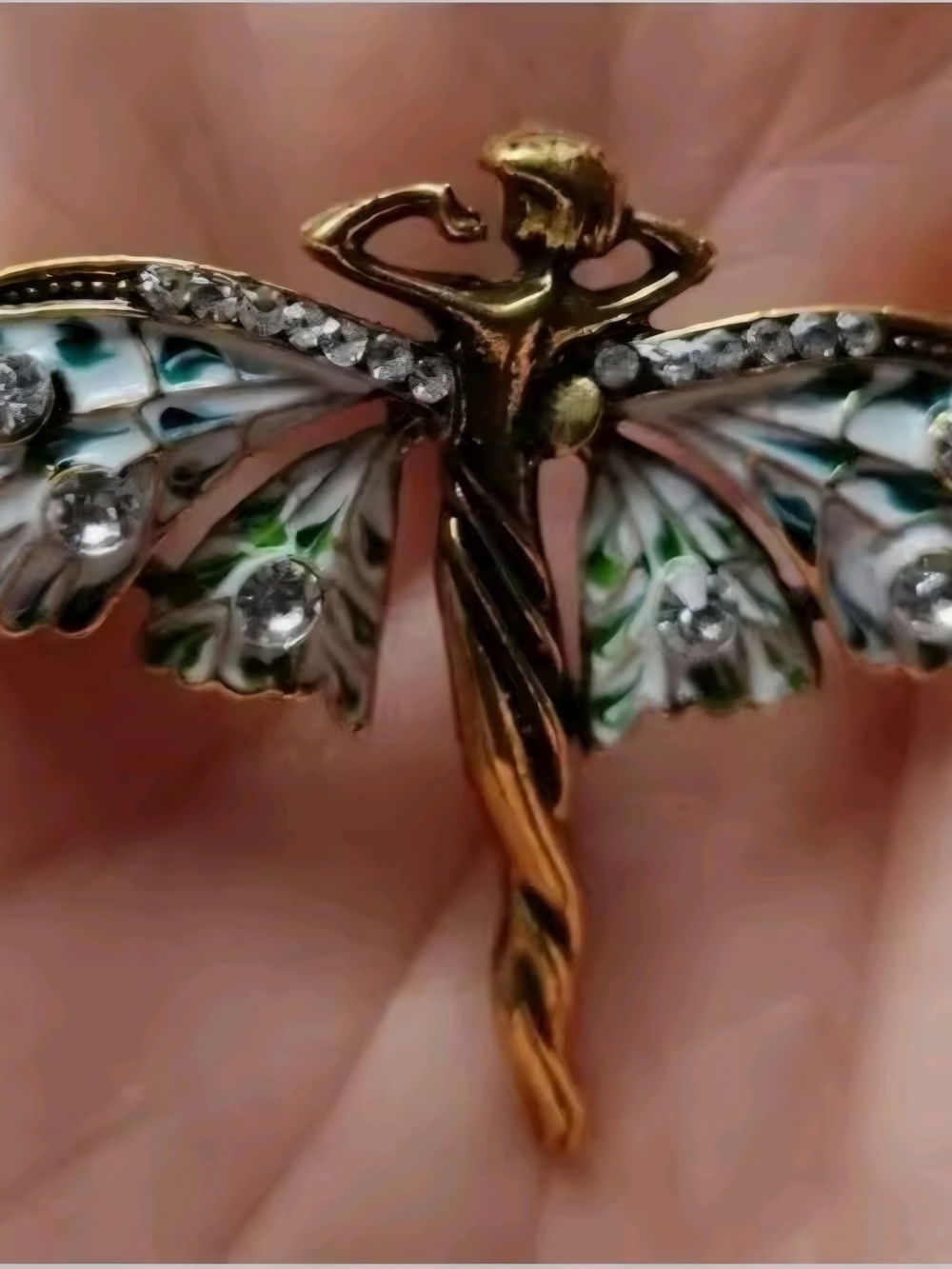 Gold-Tone Fairy Brooch with Green Enamel and Clear Rhinestones